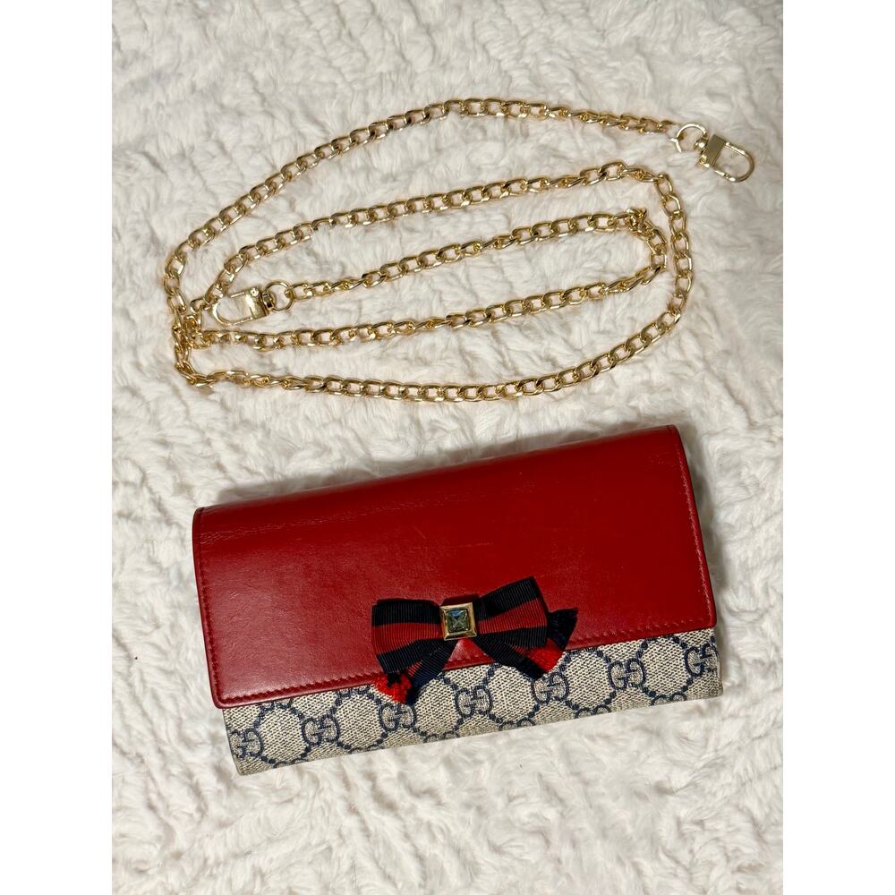 Authentic Gucci GG Supreme Web Bow Continental Wallet – Red Leather – Excellent